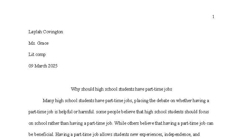 ENG 101 Essay: The Benefits of Part-Time Jobs for High School Students ...