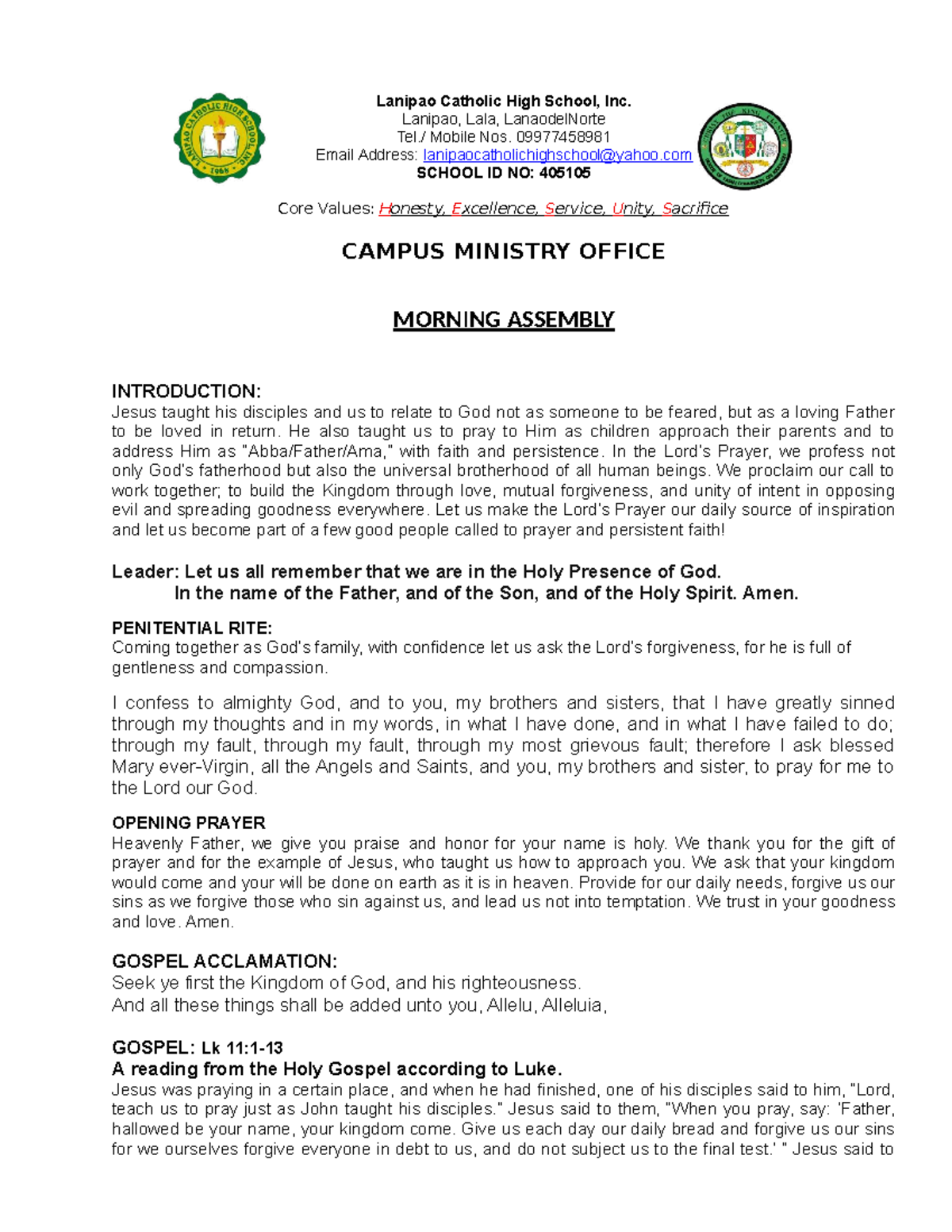 Morning Assembly - Campus Ministry Introduction at Lanipao Catholic ...