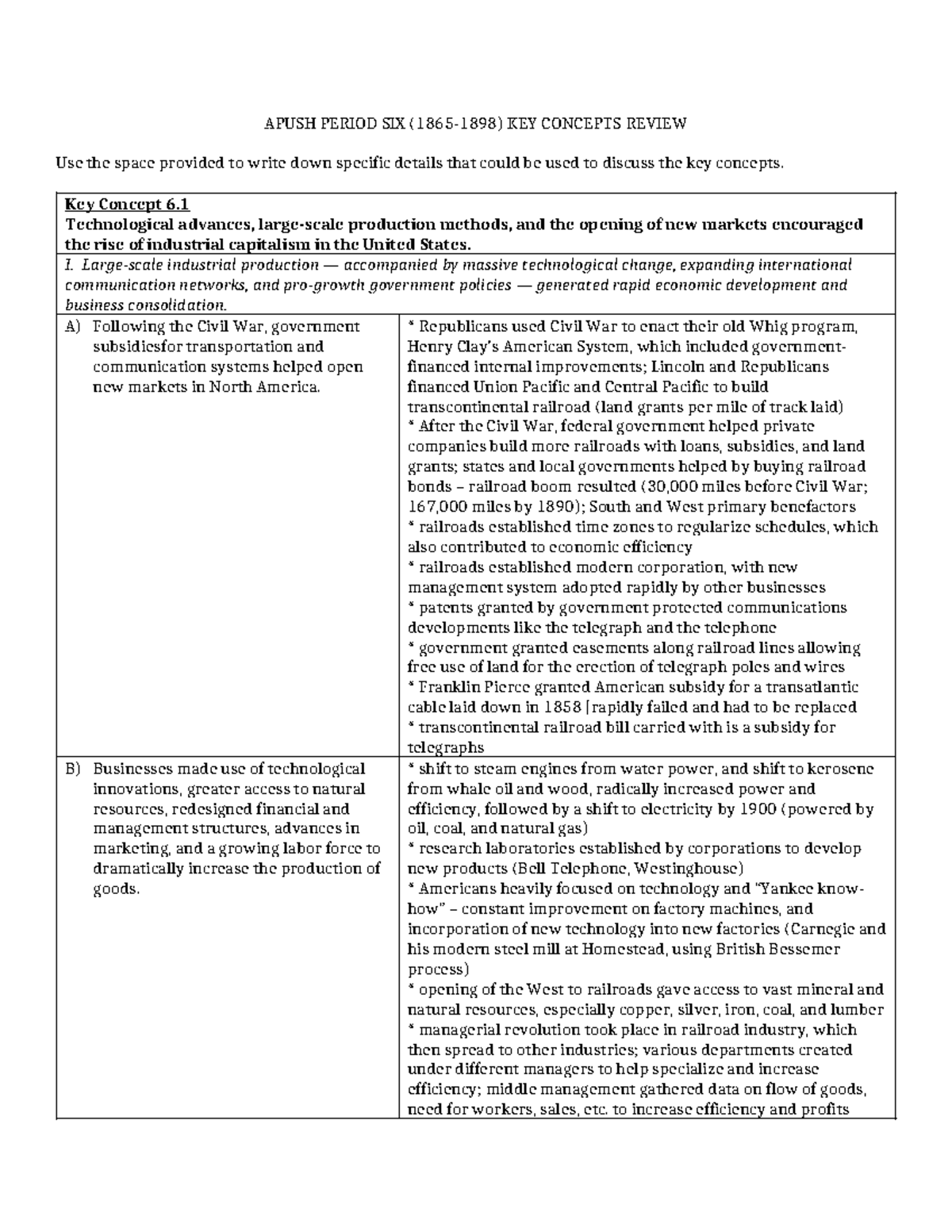 APUSH Period 6 (1865-1898) Key Concepts Review Notes - Studocu