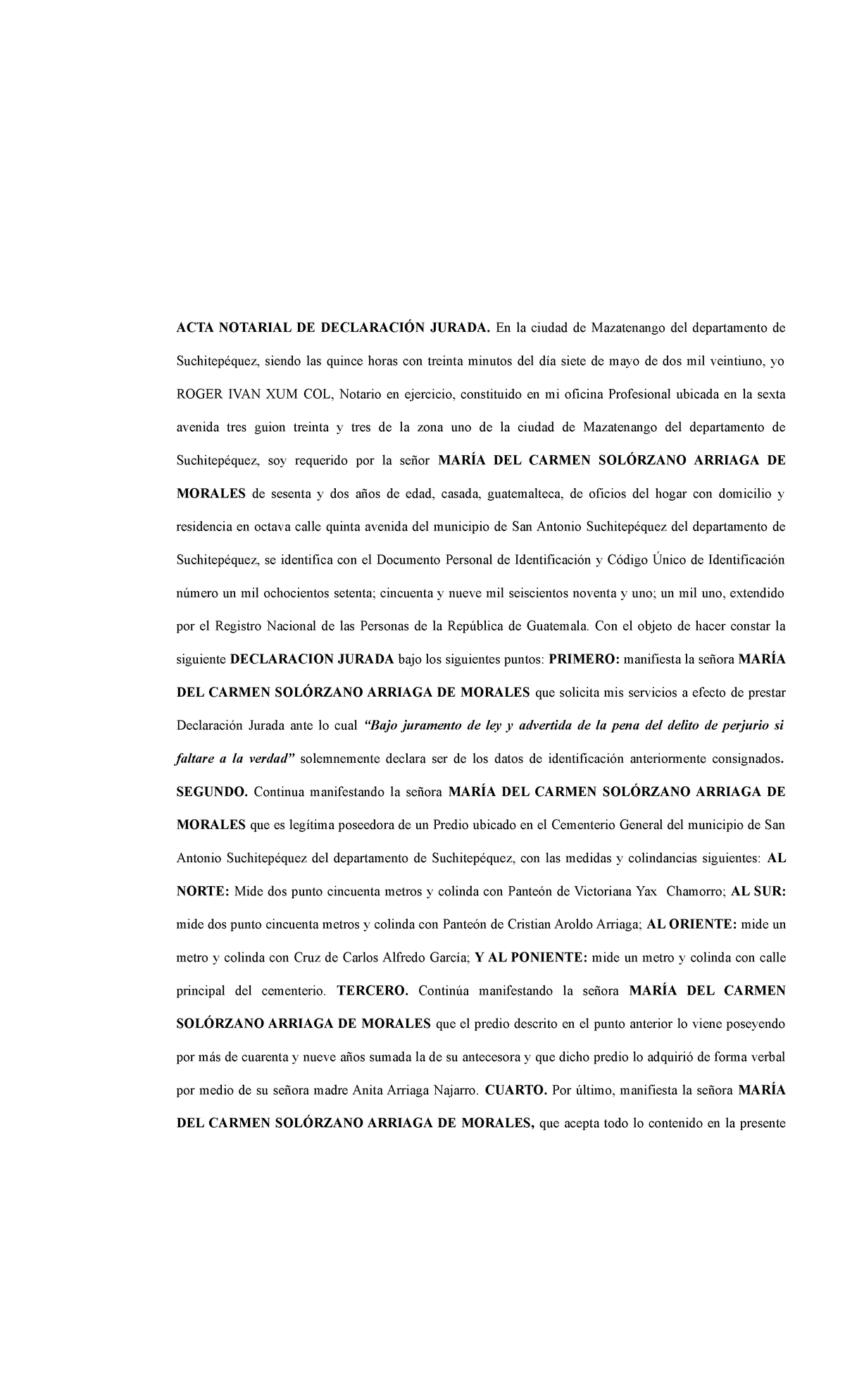ACTA Notarial de Declaración Jurada sobre Bienes en Cementerio - Studocu