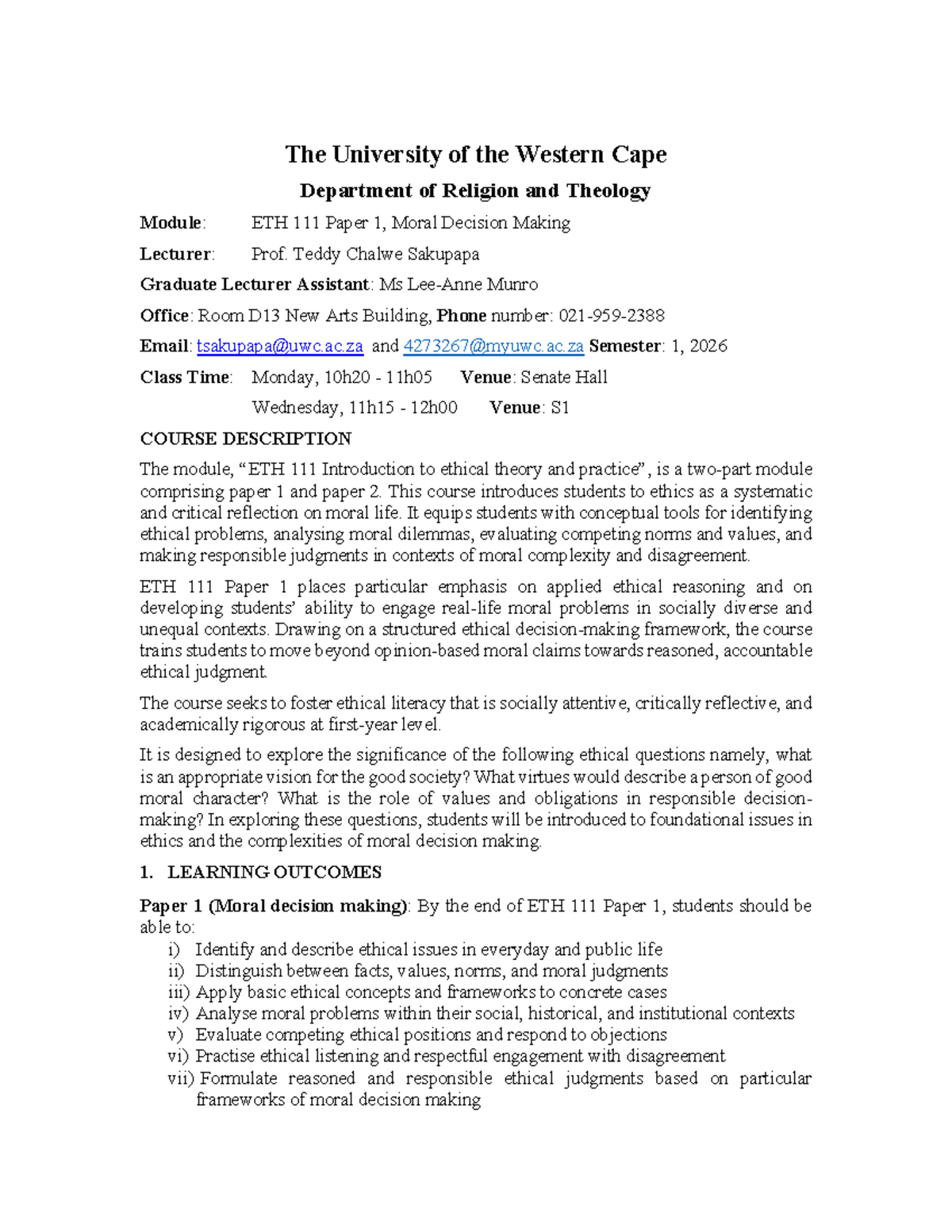 ETH 111 P1 Course Reader: Moral Decision Making 2026 - Studocu
