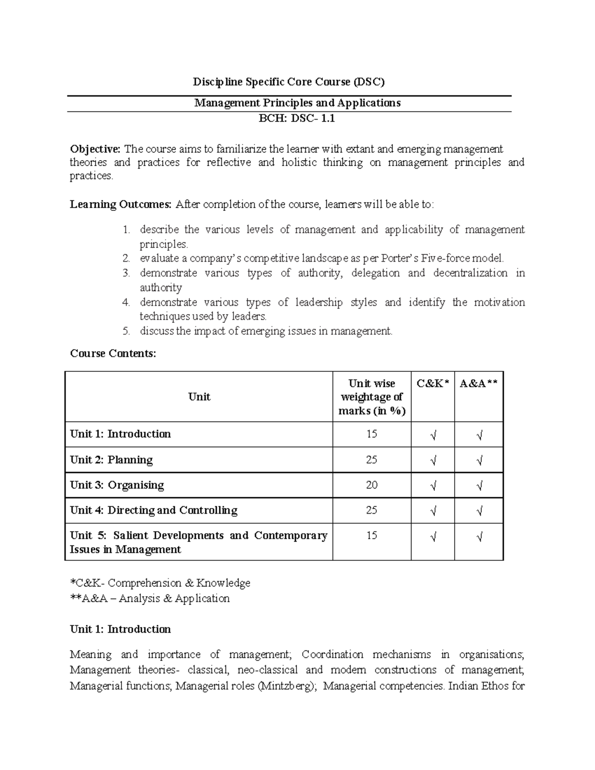 DSC-1 Management Principles & Applications: Course Overview and ...