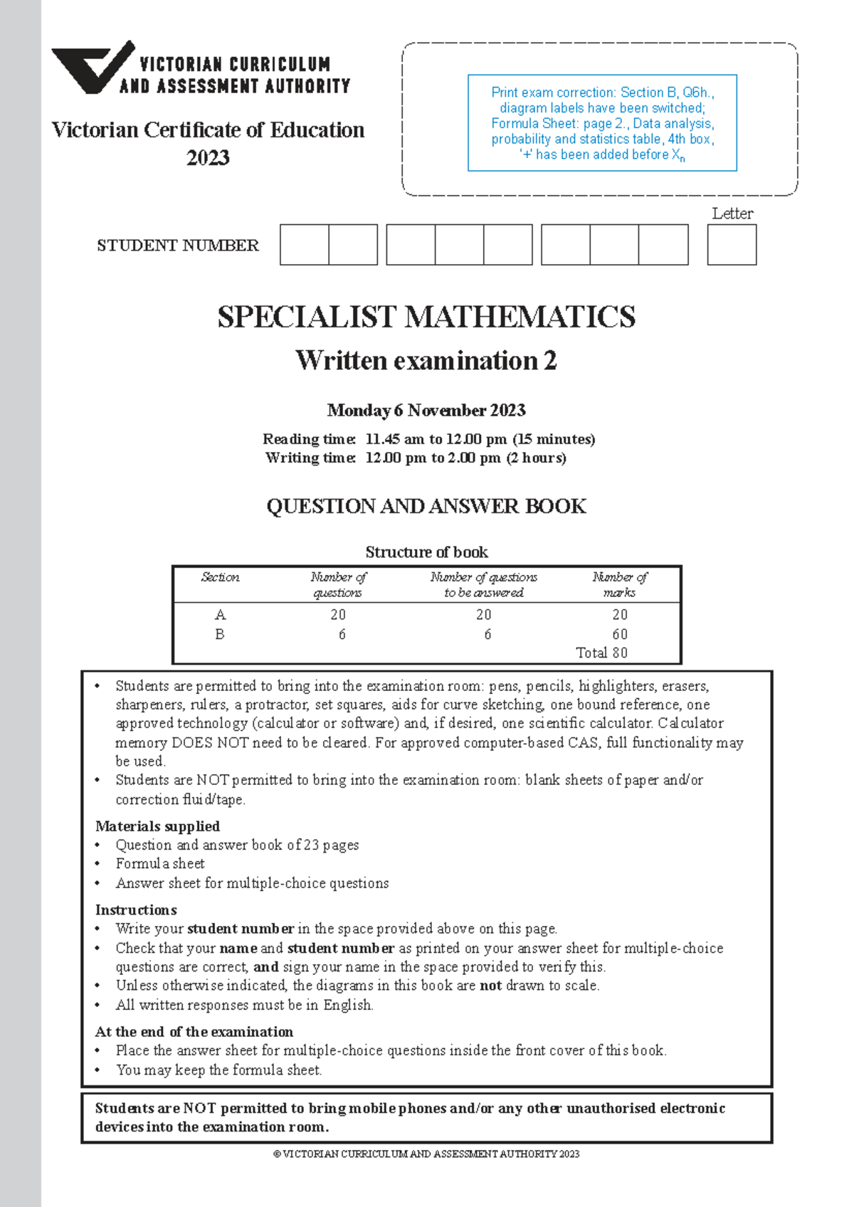 2023 SPECMATH 2-W Specialist Mathematics Exam 2 Practice Notes - Studocu