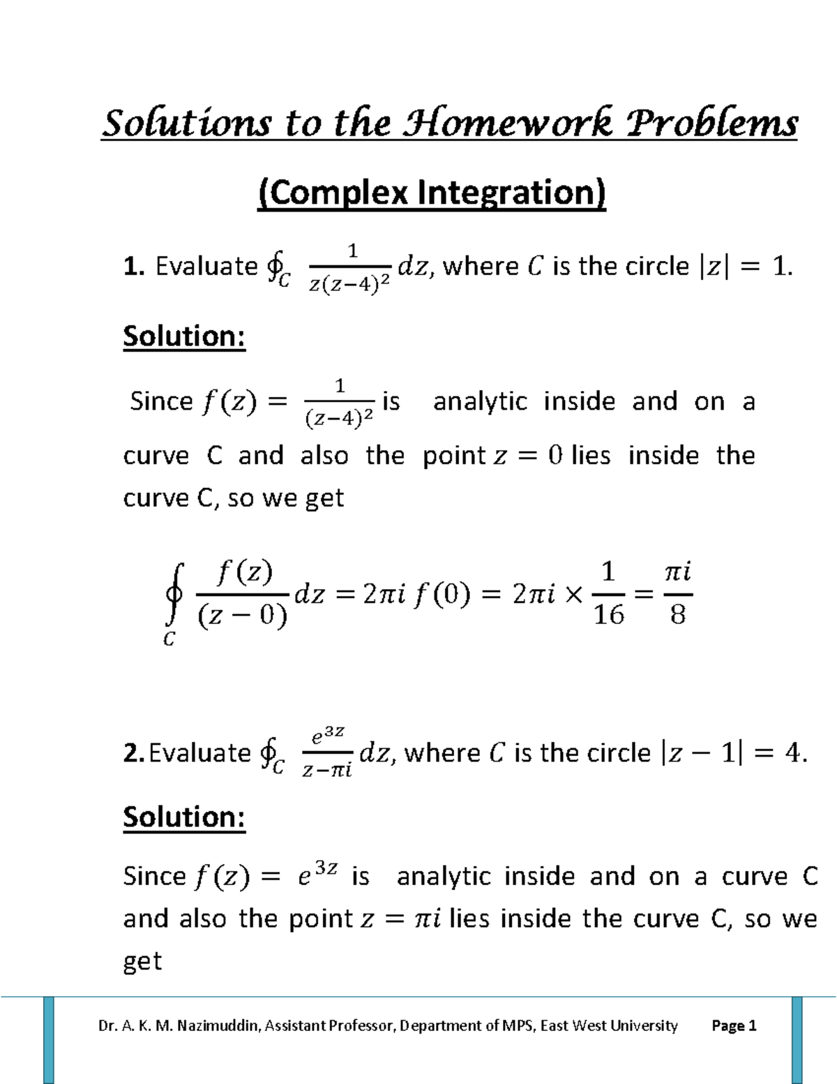 Solutions to Homework Problems (MPS 101) - Complex Integration - Studocu