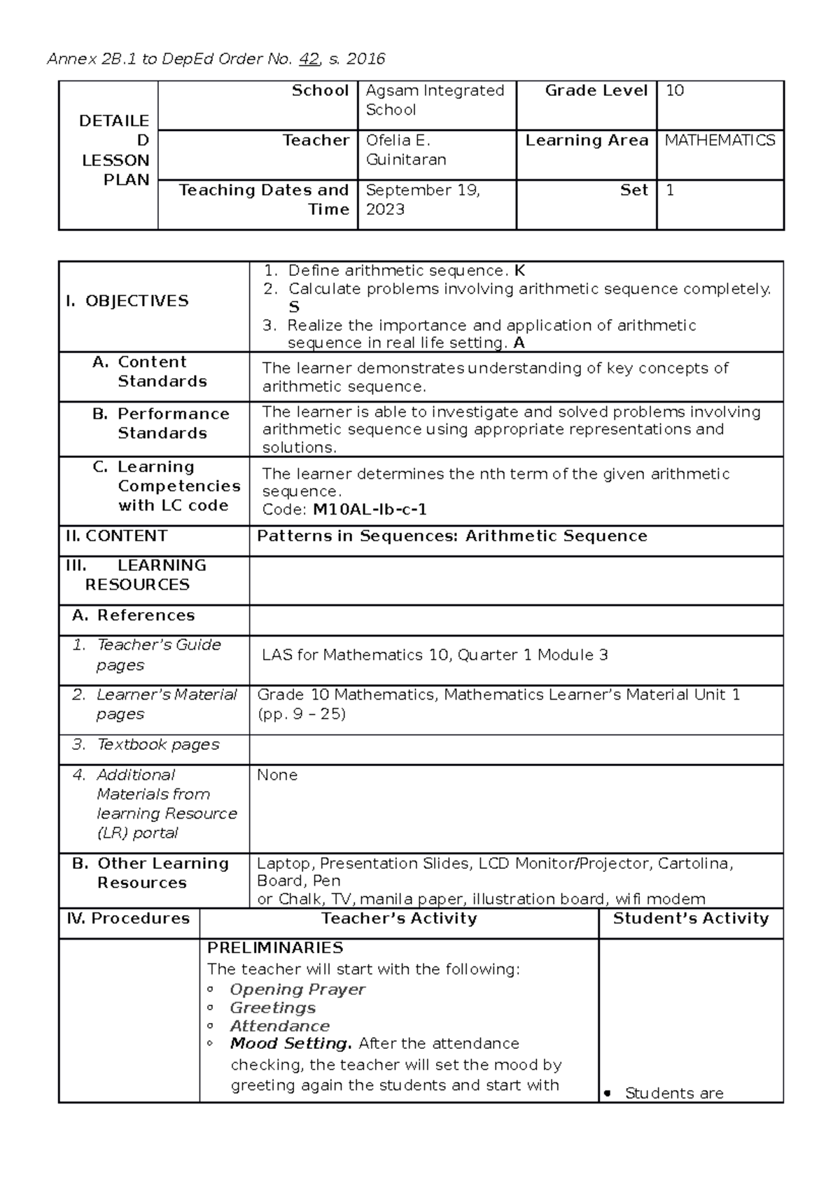 Detailed Lesson Plan on Arithmetic Sequence for Grade 10 Mathematics ...