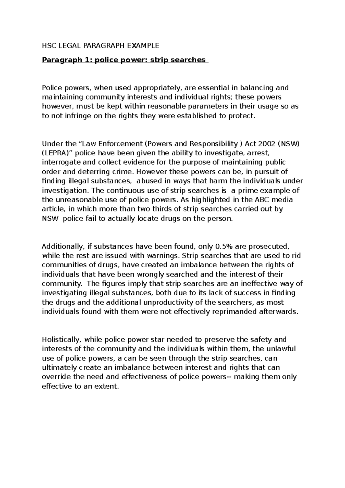 HSC Legal Paragraph Example: Police Powers & Strip Searches Analysis ...