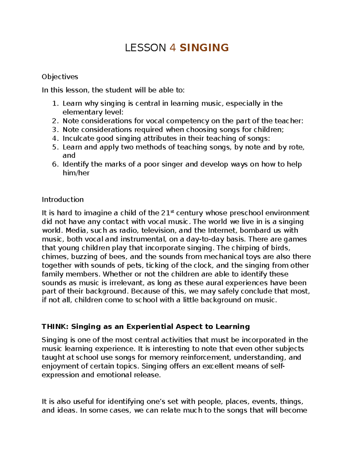 Lesson 4: The Importance of Singing in Elementary Music Education - Studocu