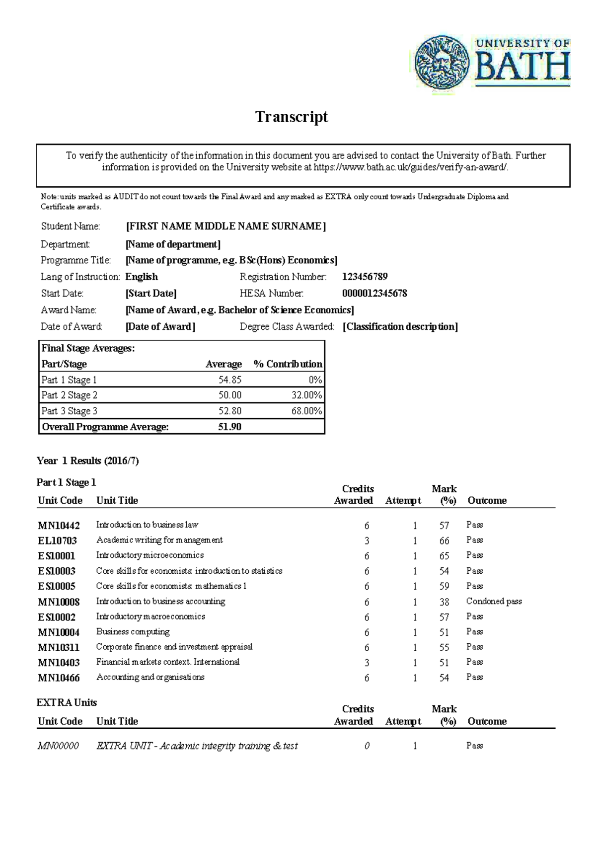 University of Bath Transcript: Student Academic Record Overview - Studocu