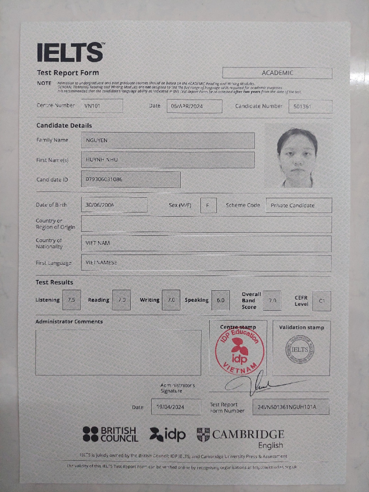 Ielts certificate - scs - IELTS Test Report Form ACADEMIC NOTE ...