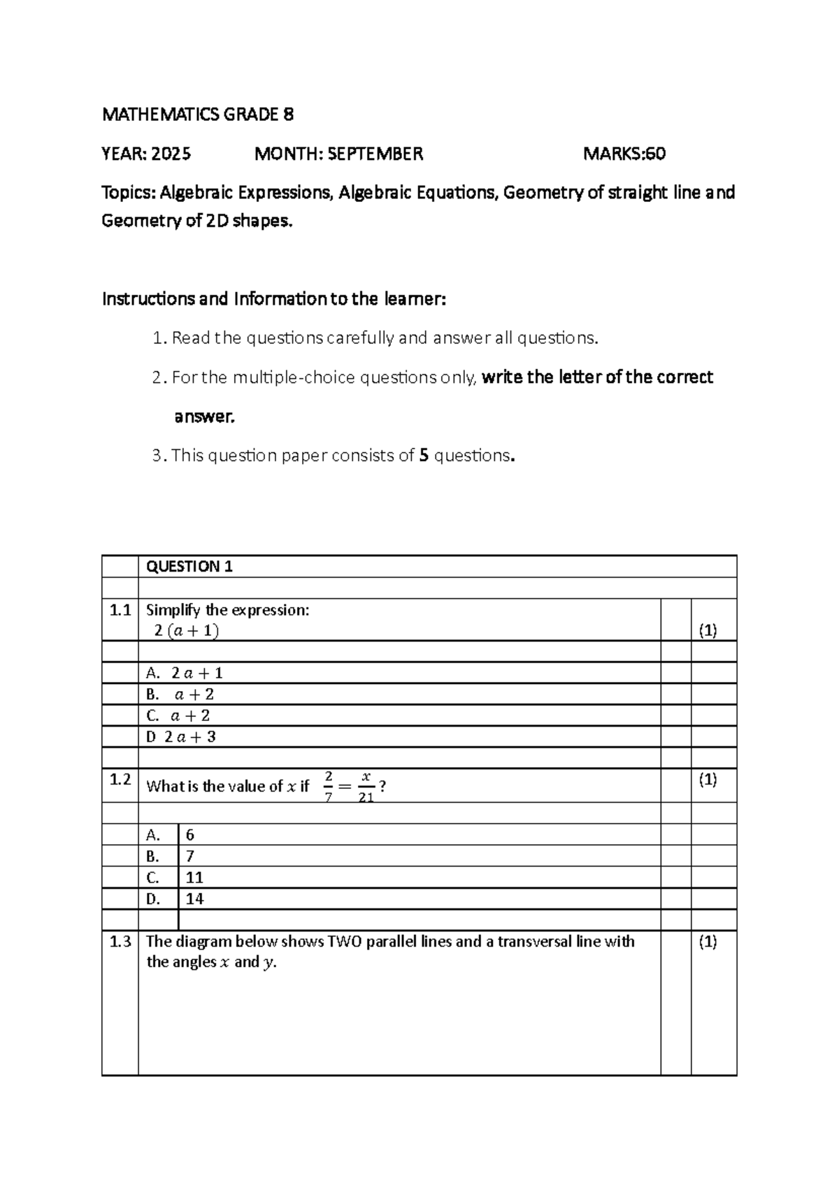 Grade 8 Mathematics September 2025 Final Exam Questions - Studocu