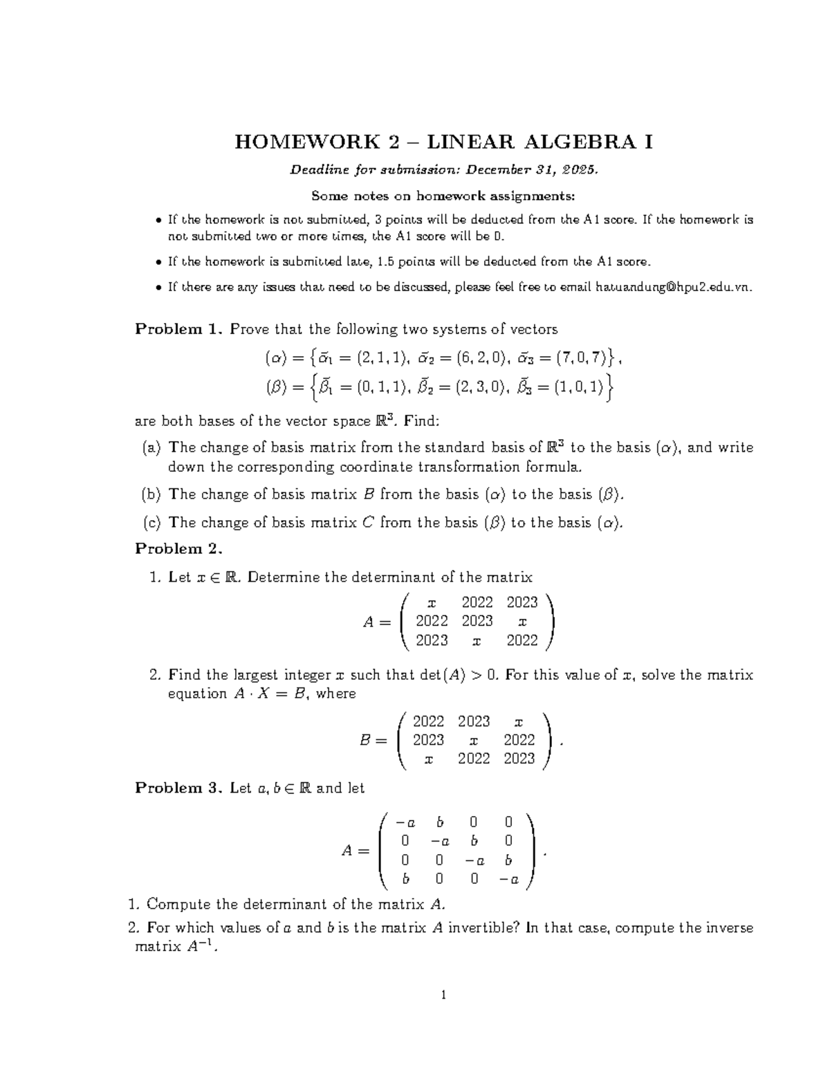 Homework 2: Linear Algebra I - Vector Spaces & Determinants - Studocu