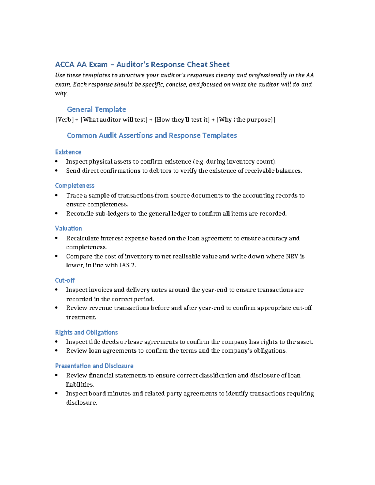 ACCA AA Exam Auditor Response Cheat Sheet - Studocu