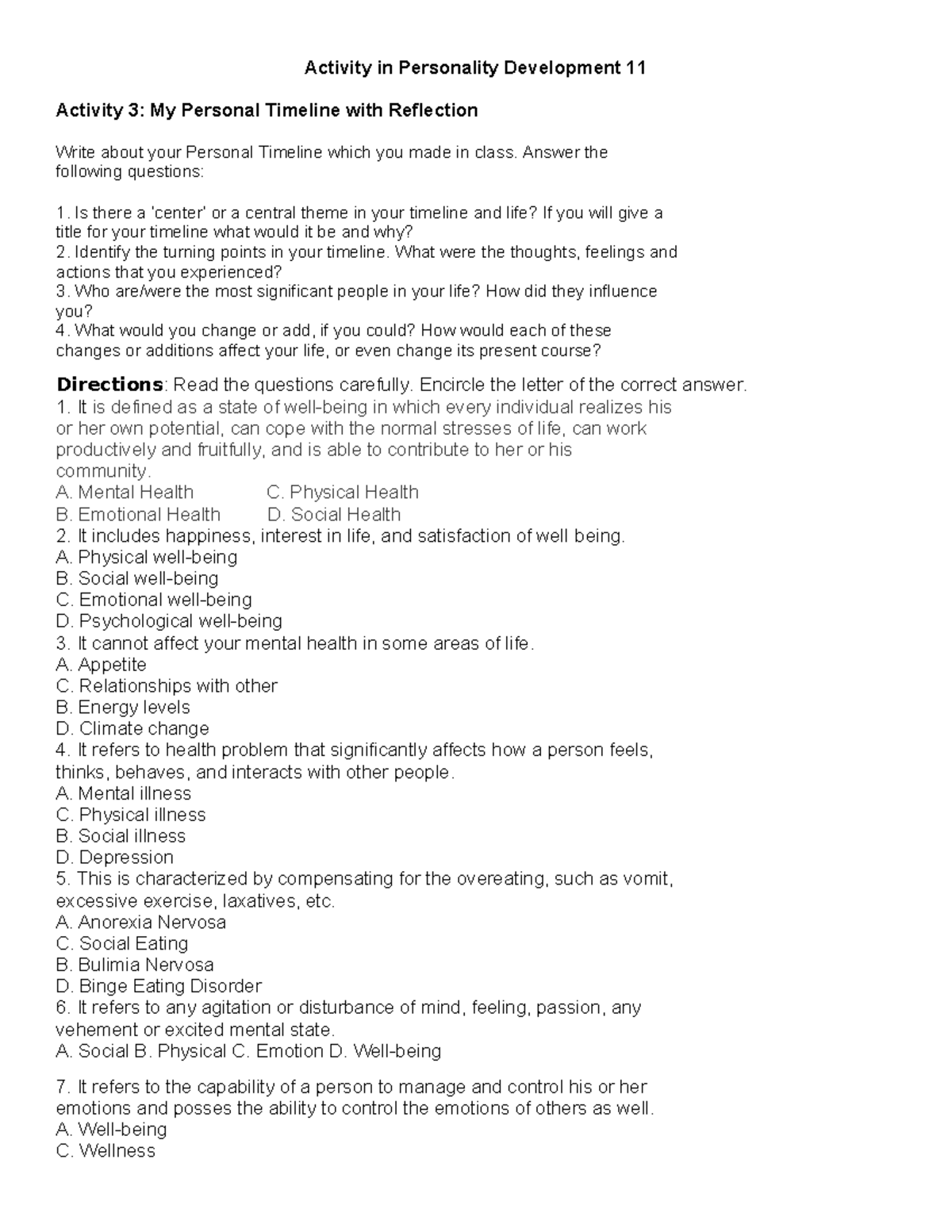 Activity in Personality Development 11 - Answer the following questions ...