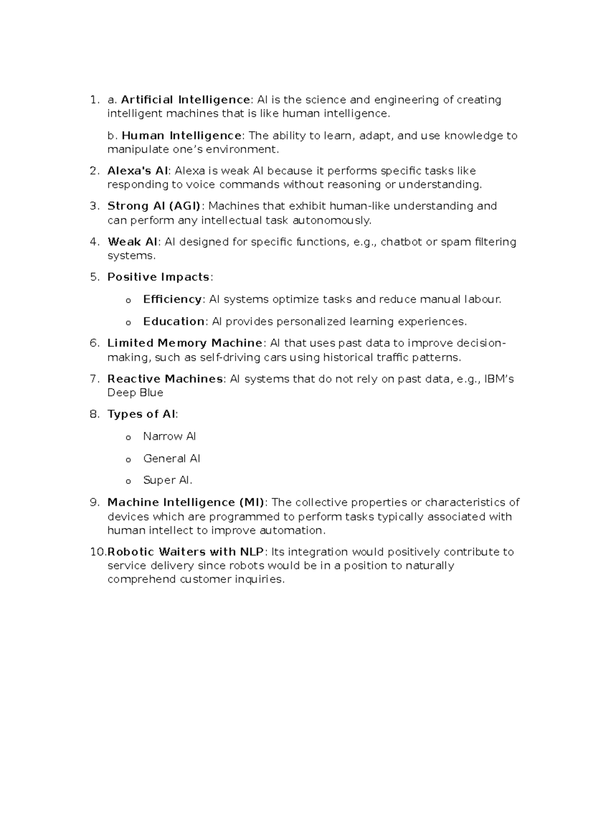 Ai tutorial 1 - question - a. Artificial Intelligence: AI is the ...