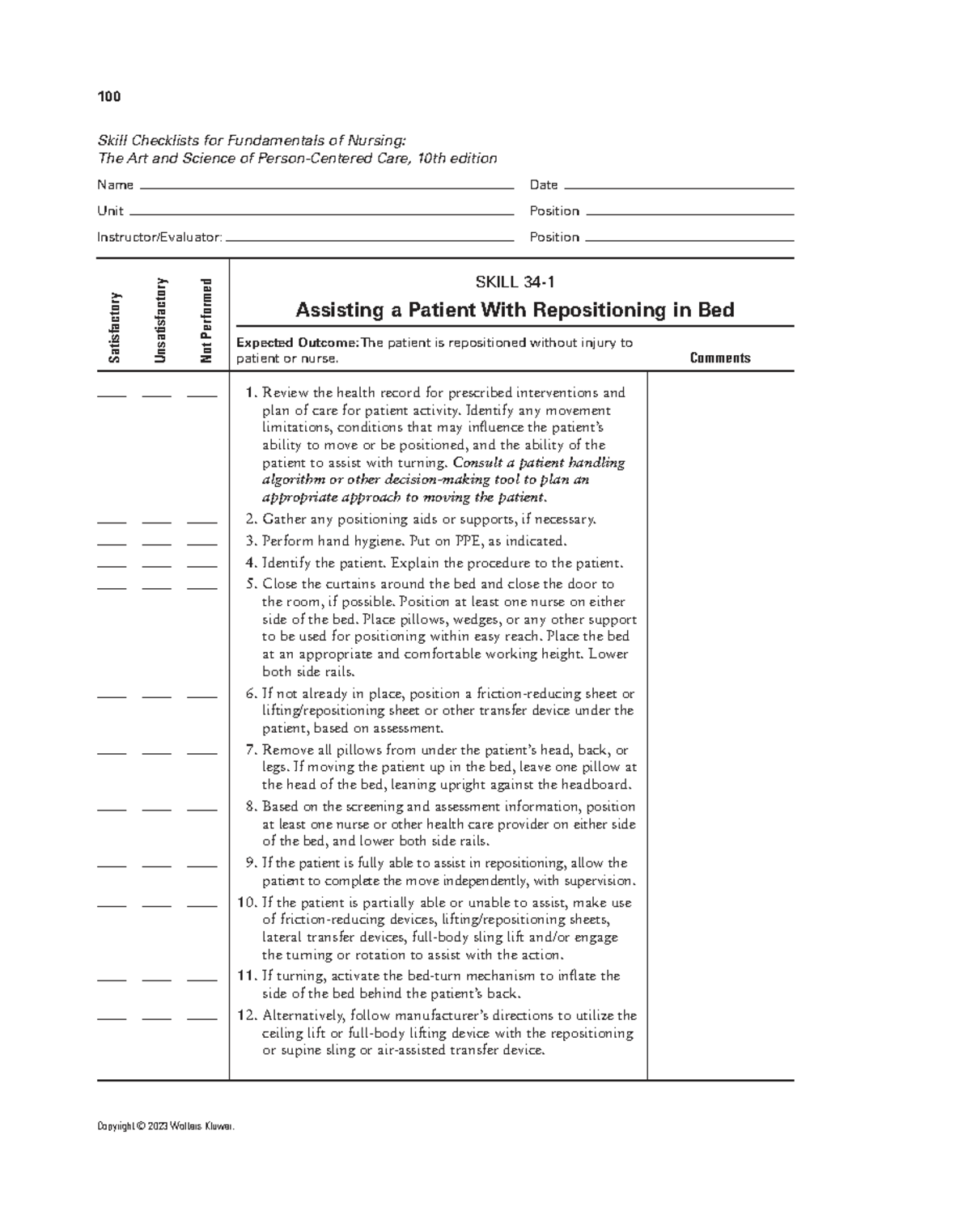 Skill Checklists for Fundamentals of Nursing: Repositioning Patients ...
