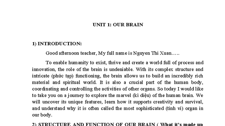 UNIT 1: OUR BRAIN - An Exploration of Structure and Function - Studocu