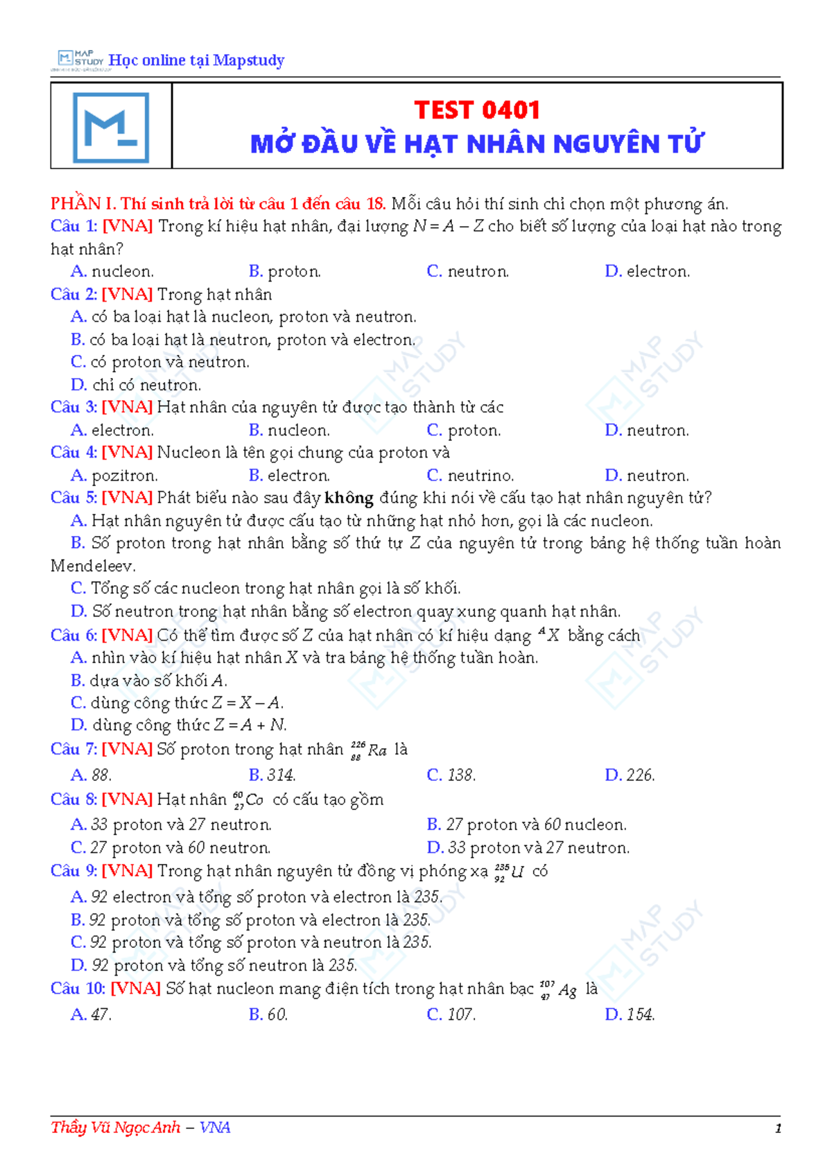 Học Online Tại Mapstudy: Bài Thi 0401 Về Hạt Nhân Nguyên Tử - Studocu