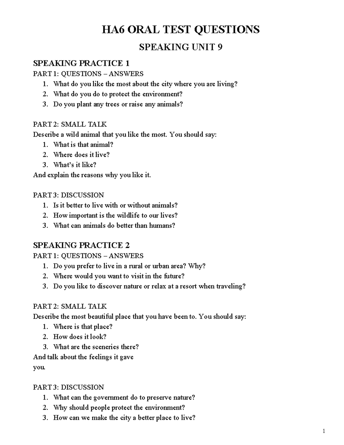 HA6 ORAL TEST QUESTIONS: SPEAKING PRACTICE UNITS 9-12 - Studocu