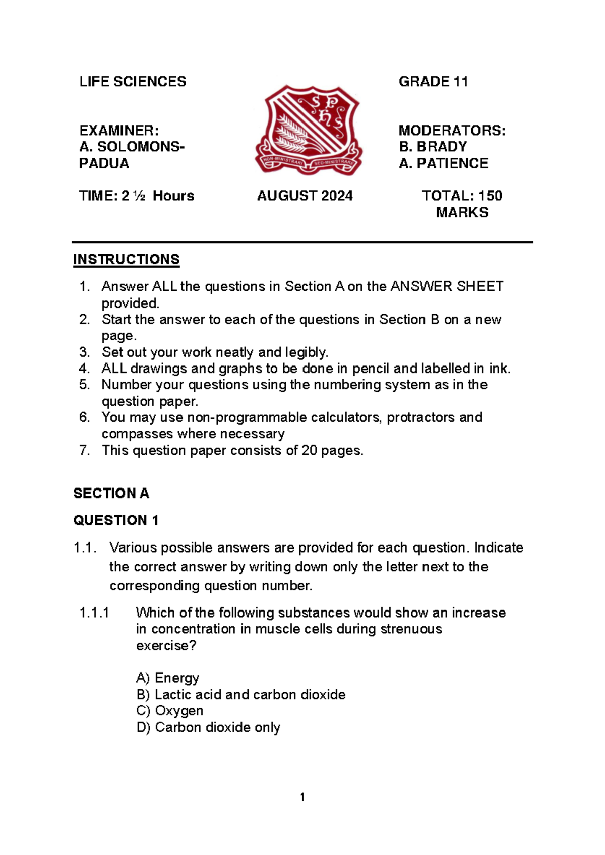 LIFE SCIENCES GRADE 11 SEPTEMBER PAST PAPER 2024 - Studocu