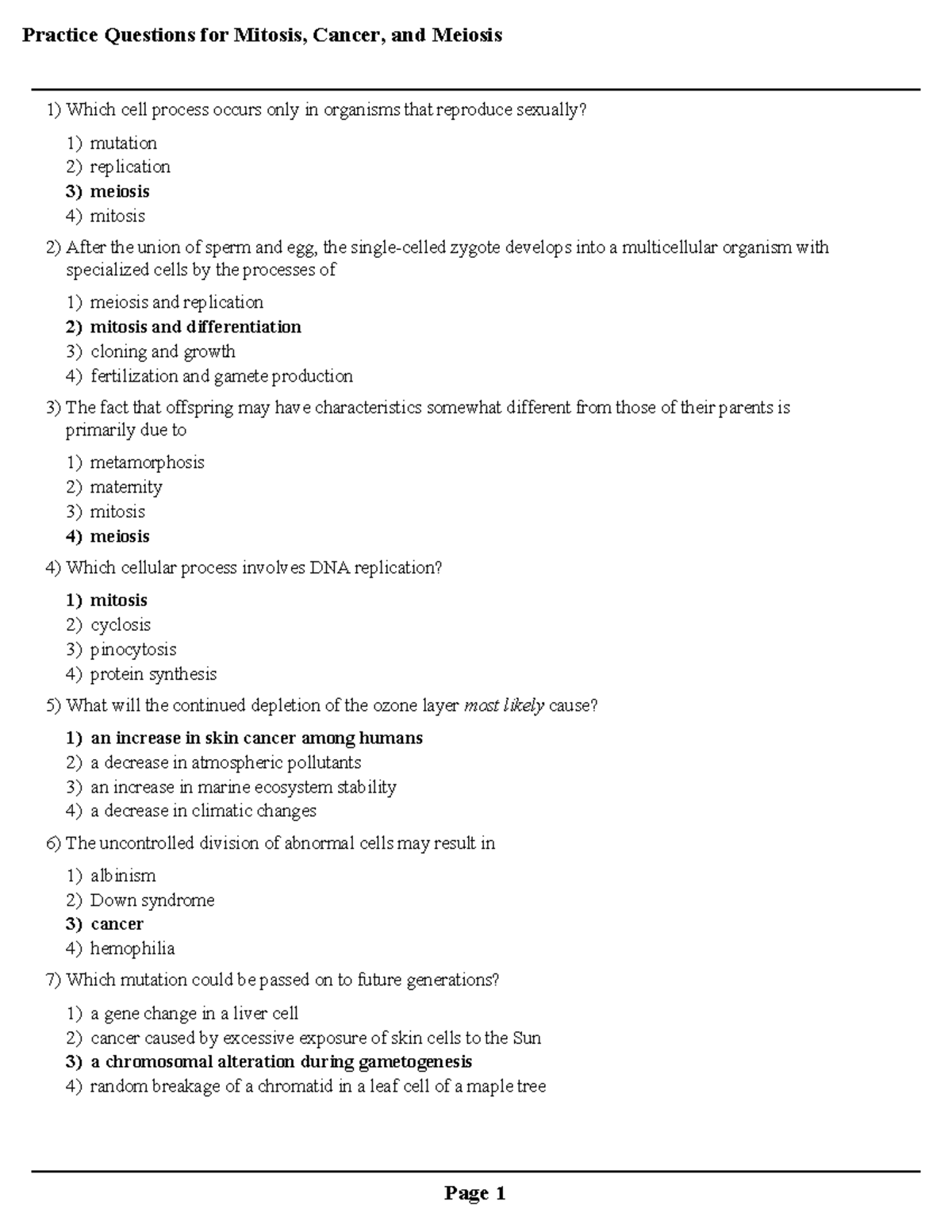 Answer Key: Practice Questions for Mitosis, Cancer, and Meiosis - Studocu