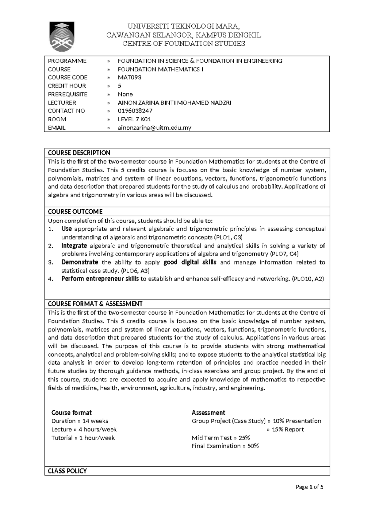 20234 MAT093 - Foundation Mathematics I Course Outline (July-Dec 2023 ...