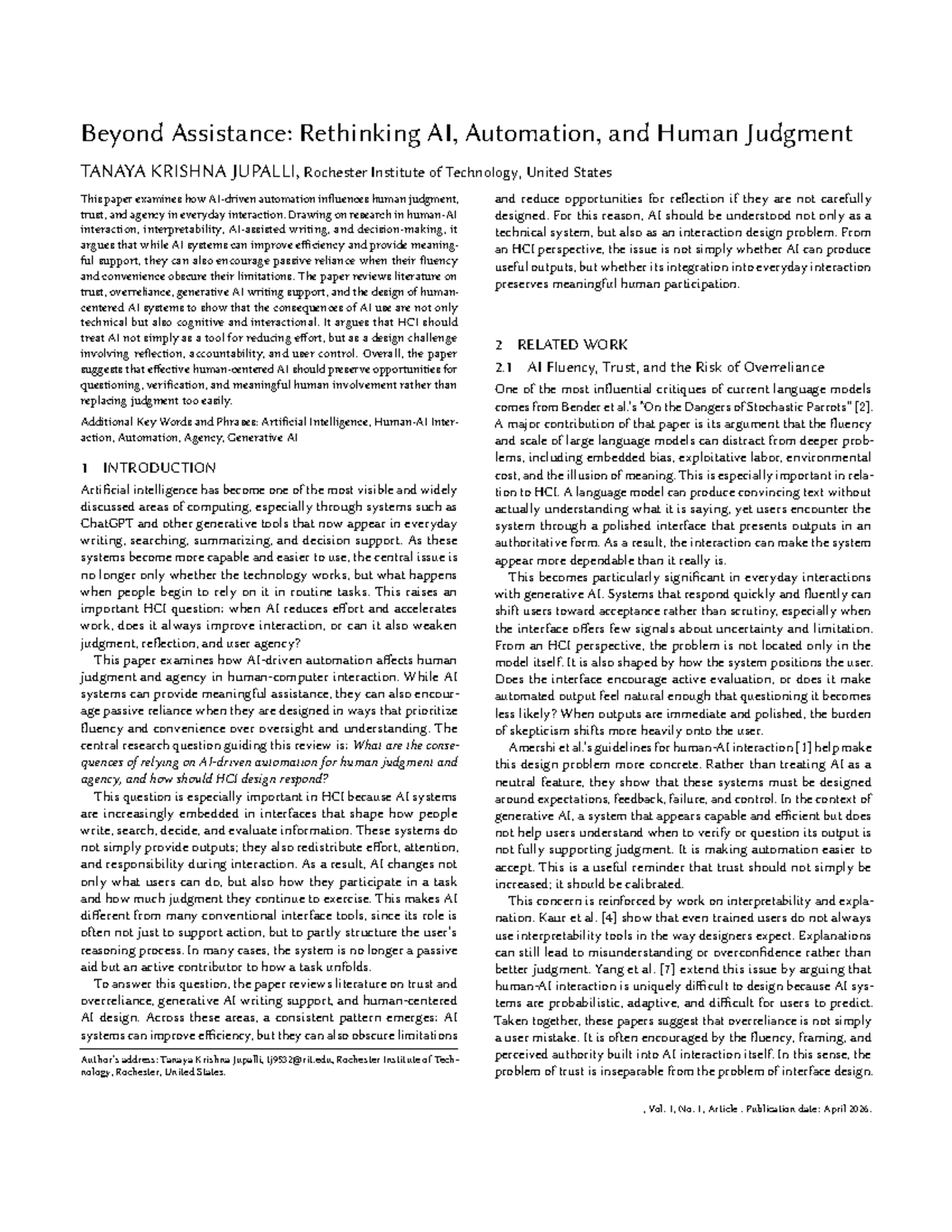 HCI700 Paper 3: Rethinking AI's Impact on Human Judgment and Agency ...