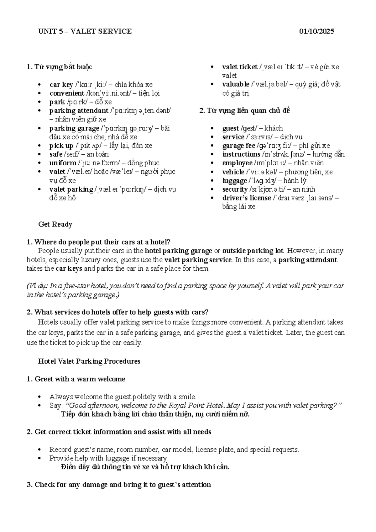 UNIT 5: Valet Service Vocabulary & Procedures - Tiếng Anh - Studocu