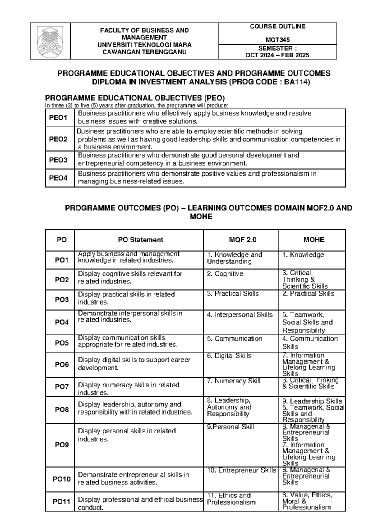 MGT345 - Operations Management Course Outline (OCT 2024 - FEB 2025 ...