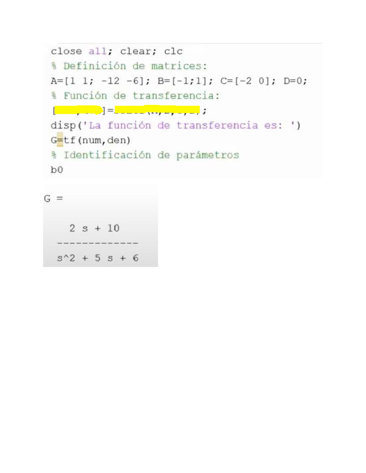 Definición de Matrices y Funciones de Transferencia en MATLAB - Studocu