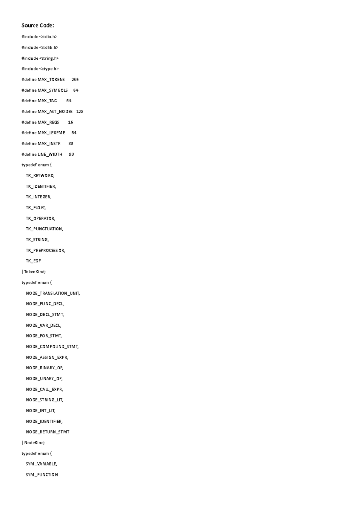 Source Code: Compiler Design CD 256 MAX_TOKENS & AST Nodes - Studocu