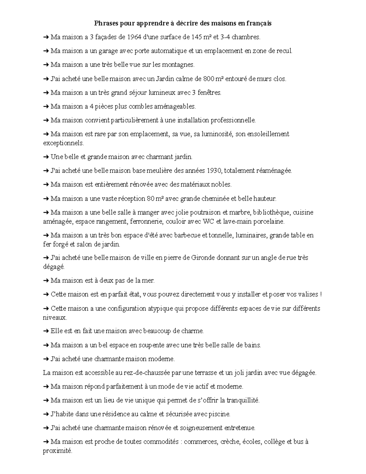 Phrases pour décrire des maisons en français - âmmmád - Studocu