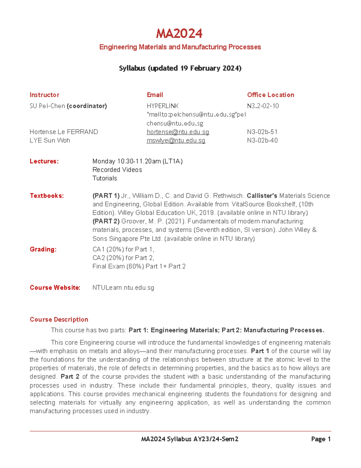 MA2024 Engineering Materials & Manufacturing Processes Syllabus (Feb ...