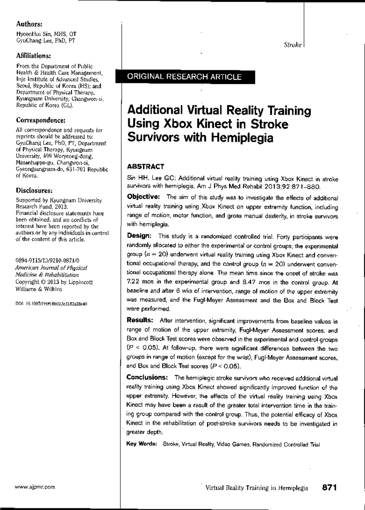 Sin2013 - Additional VR Training Using Xbox Kinect for Stroke ...