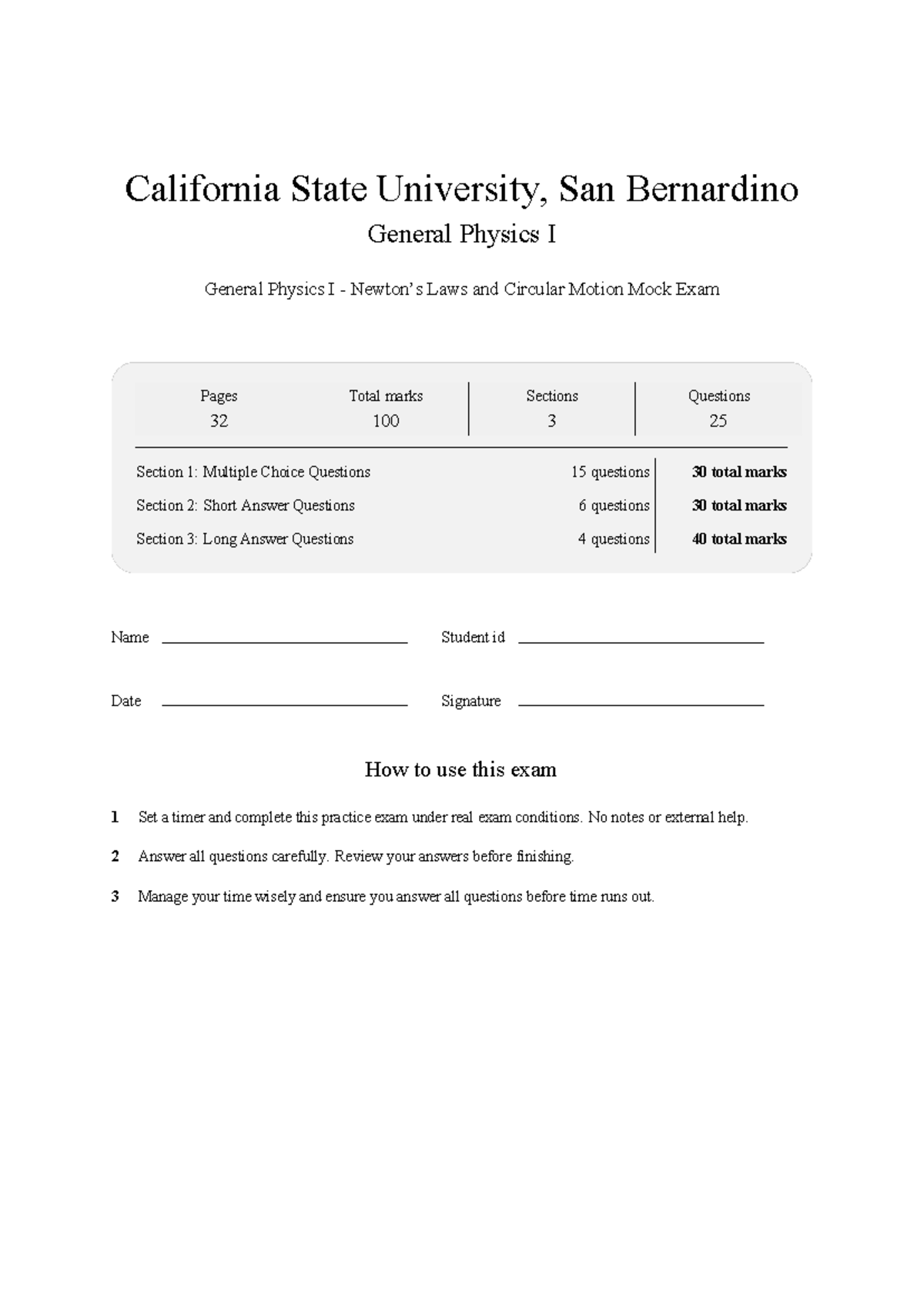 PHYS 221 General Physics I Mock Exam: Laws & Circular Motion - Studocu