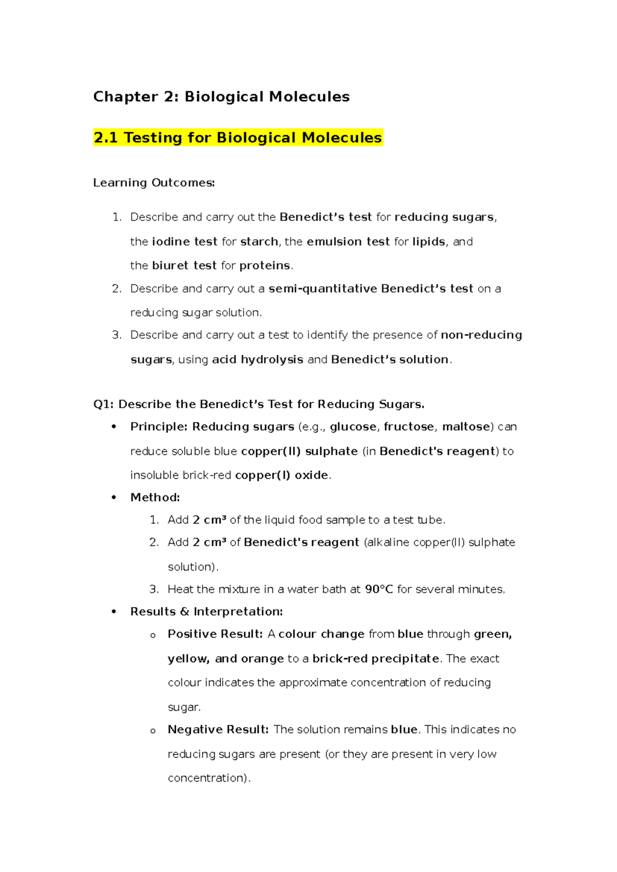 AS Biology Chapter 2: Biological Molecules and Tests - Studocu