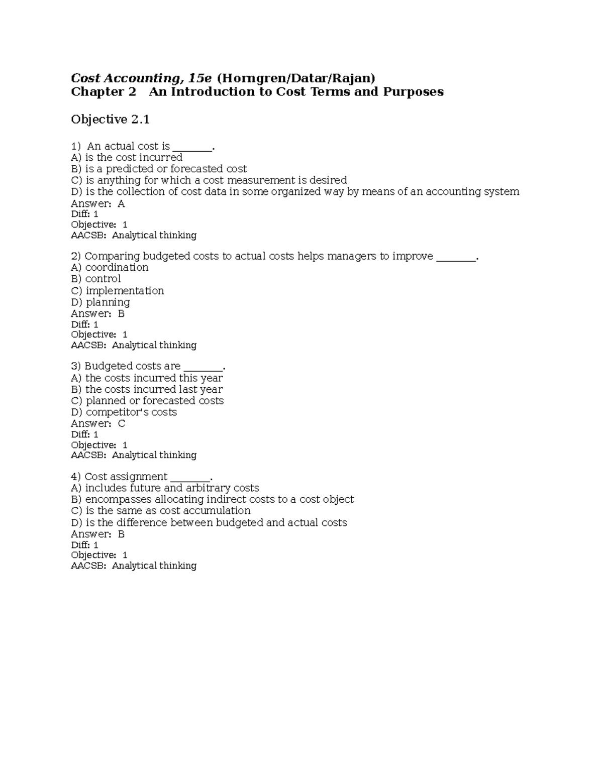 Test Bank for Cost Accounting 15e - Chapter 2 Review Questions - Studocu