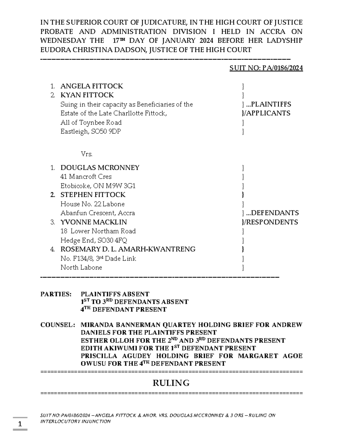 FITTOK ANOR V. MCRONNEY ORS (PA01862024) - INTERLOCUTORY INJUNCTION ...