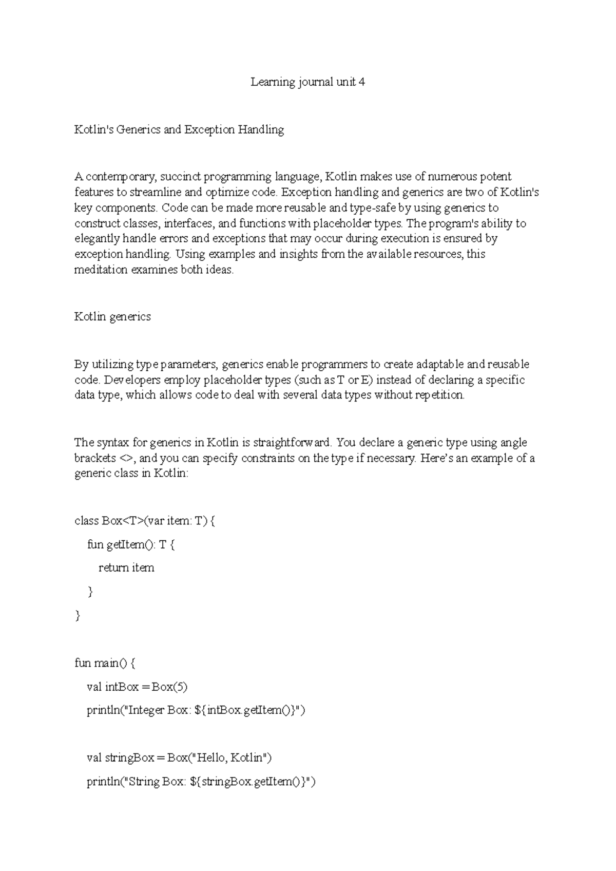 Learning journal unit 4 - Exception handling and generics are two of ...