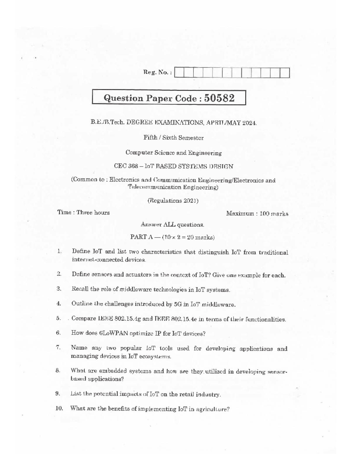 CEC 368 Final Exam Question Paper: IoT Based Systems Design 2024 - Studocu