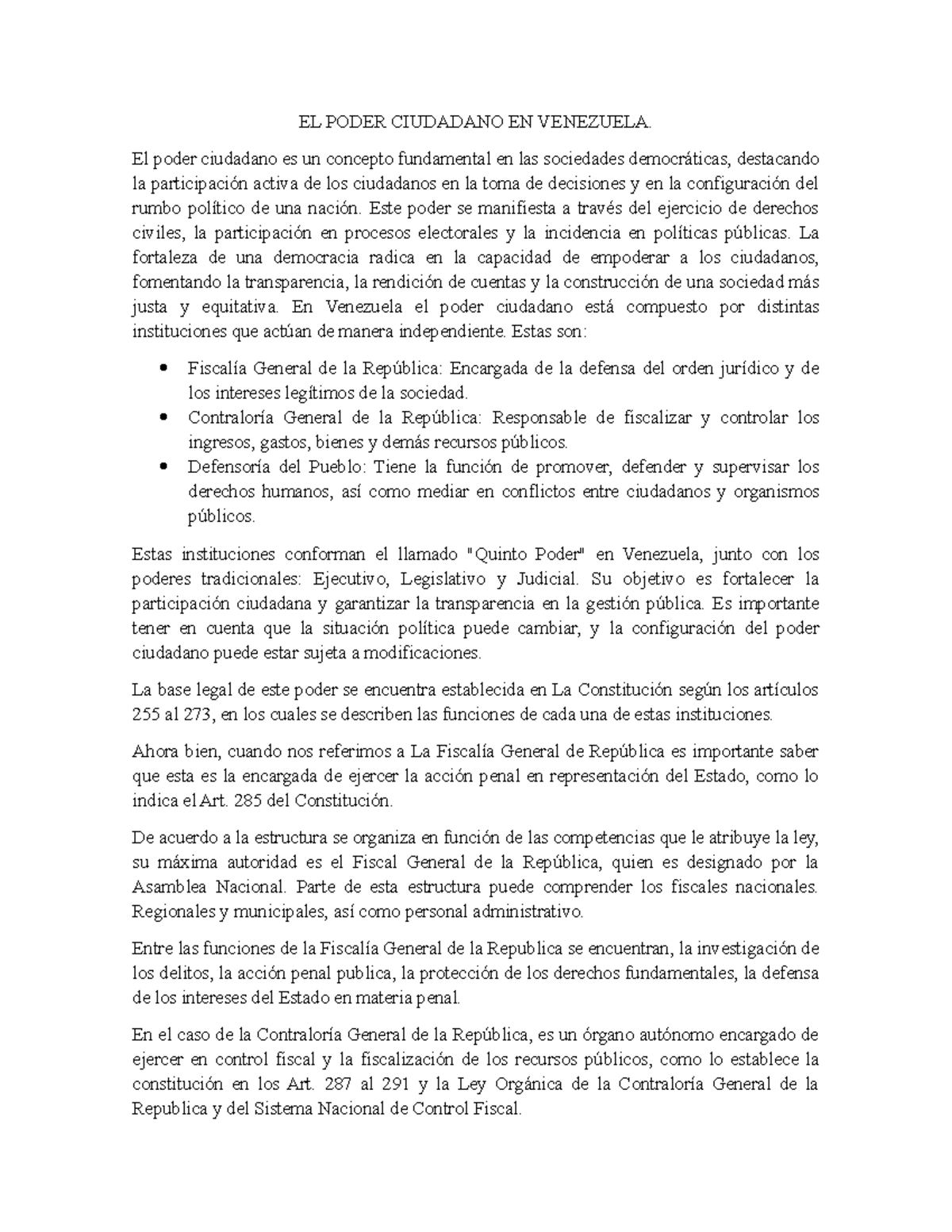 El Poder Ciudadano en Venezuela: Instituciones y Funciones - Studocu