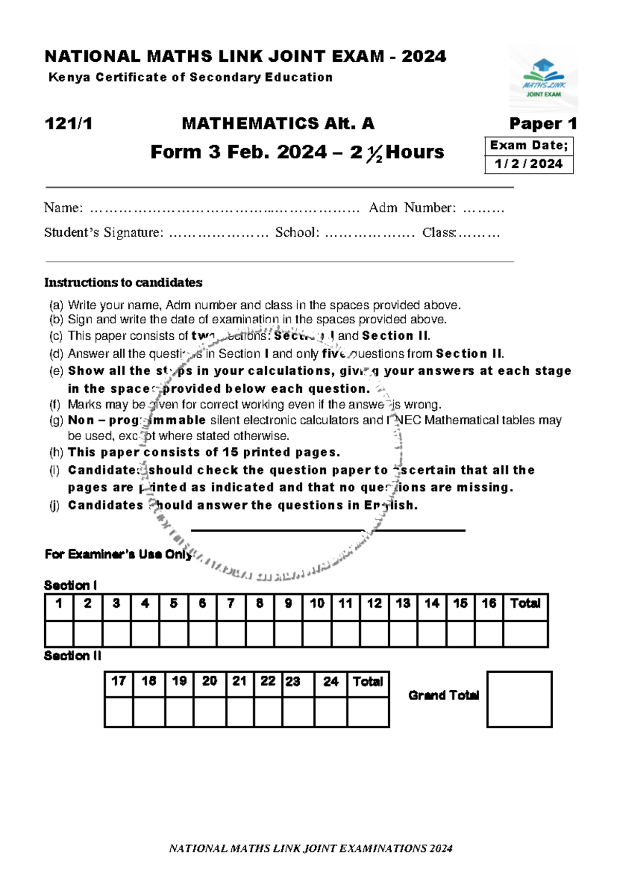 Form 3 National Maths Link Joint Exam 2024 - Mathematics Paper 1 - Studocu