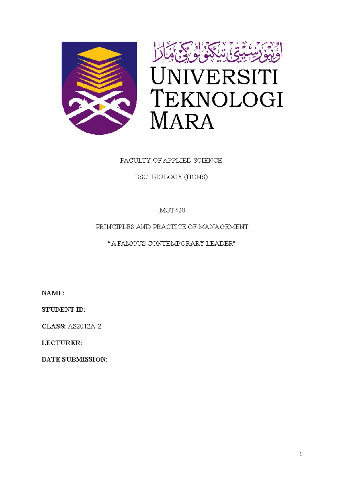 Individual Assignment 1 - FACULTY OF BUSINESS AND MANAGEMENT BACHELOR ...
