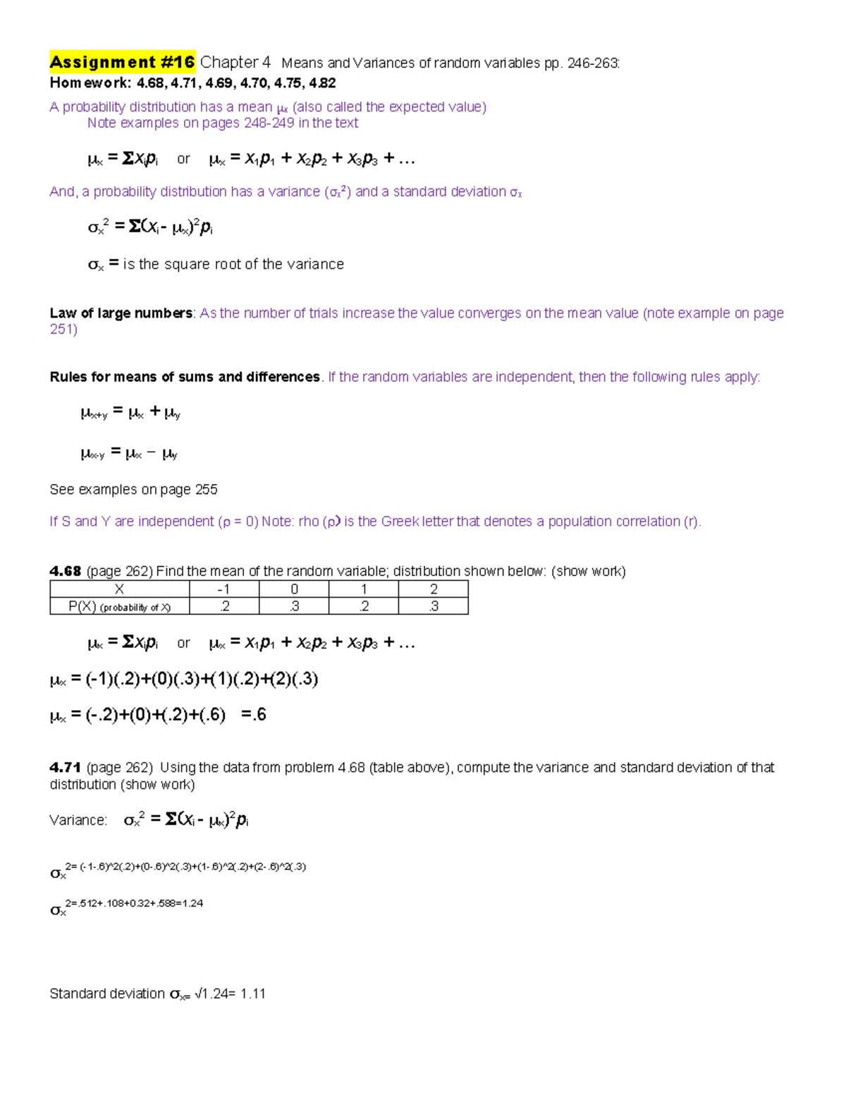 UA Stat Assignment #16: Means & Variances from Chapter 4 - Studocu