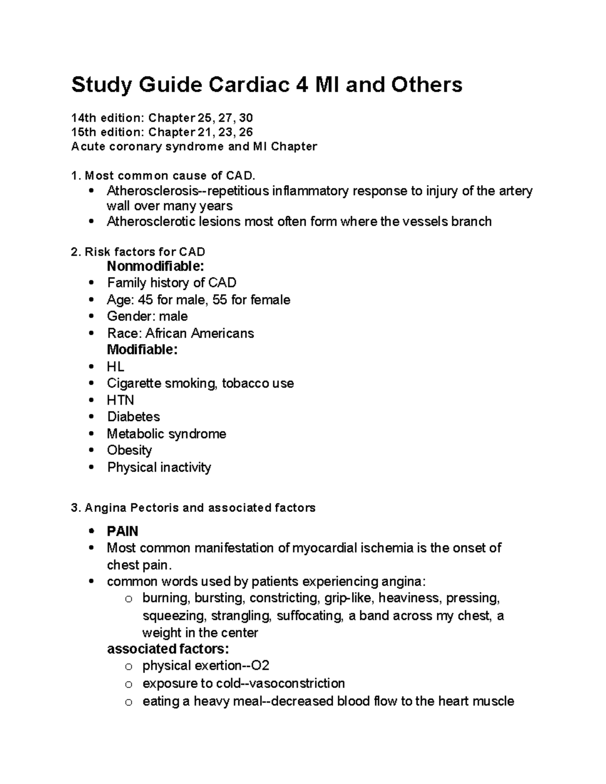 Study Guide: Cardiac Conditions - MI & Aneurysms (NUR 101) - Studocu