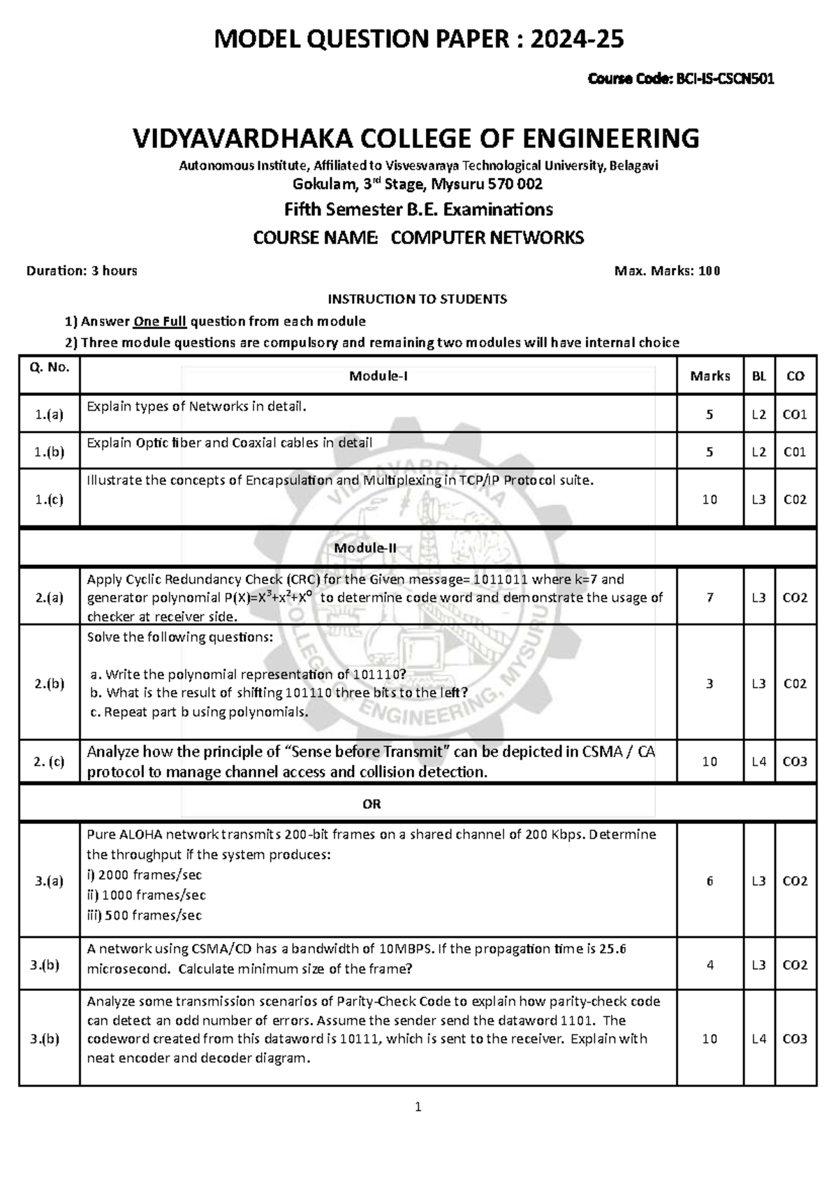 CN-QP2: Model Question Paper for Computer Networks Exam - Studocu