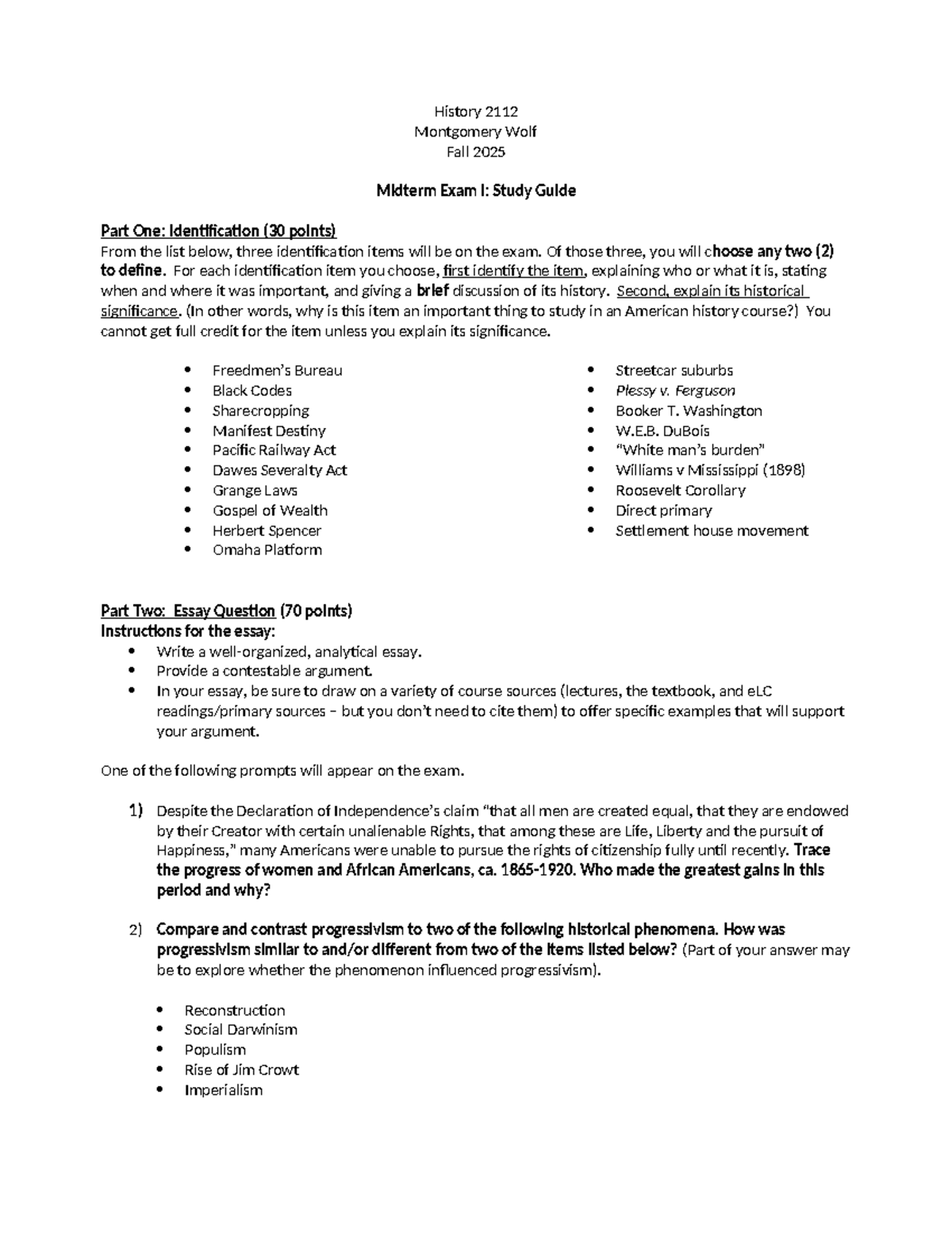 History 2112: Fall 2025 Midterm Exam I Study Guide - Studocu