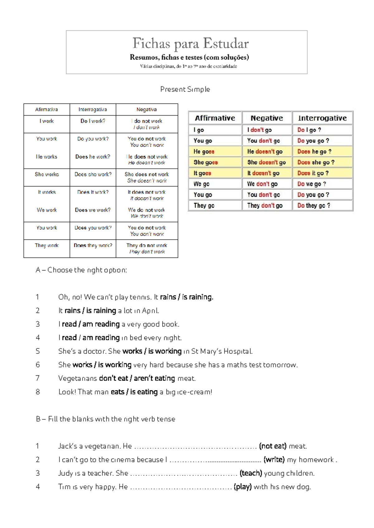 Ficha Ingles 8 Ano: Present Simple Exercises and Answers - Studocu