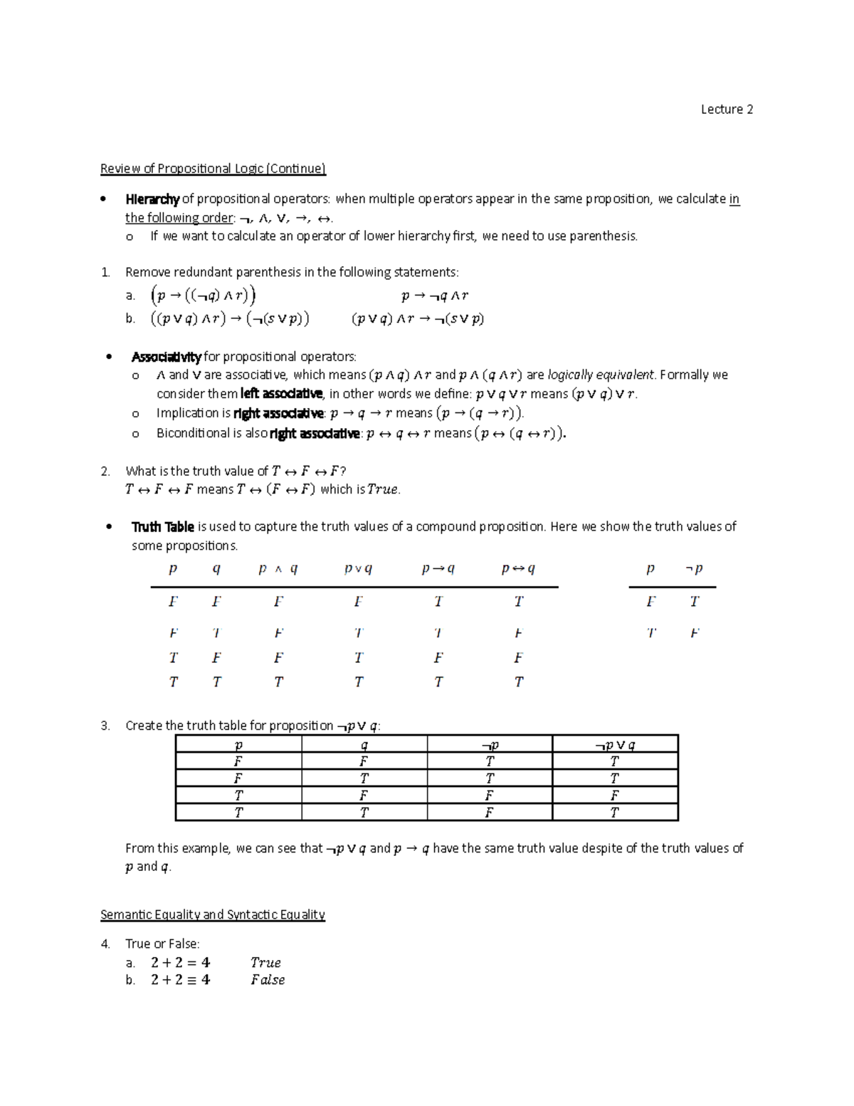 Lecture 2 Review: Propositional Logic Concepts and Operators - Studocu