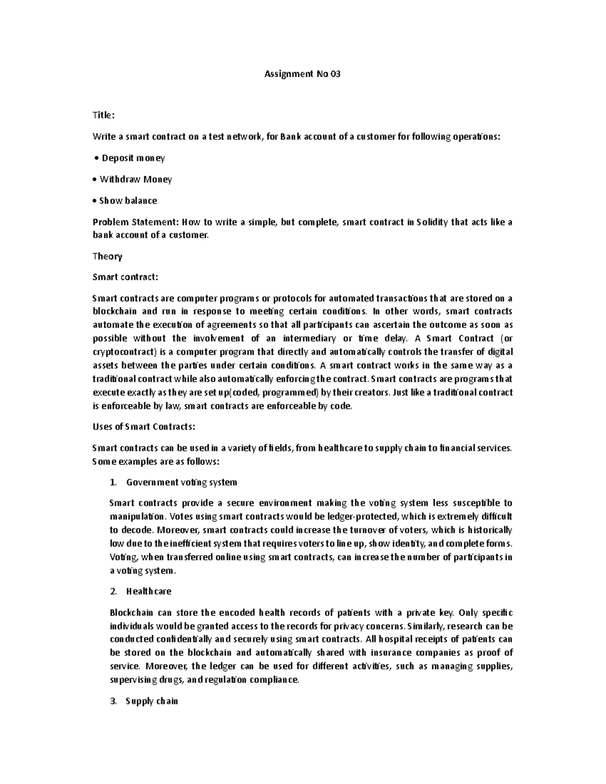 BCT Assignment 3 - Assignment No 03 Title: Write a smart contract on a ...