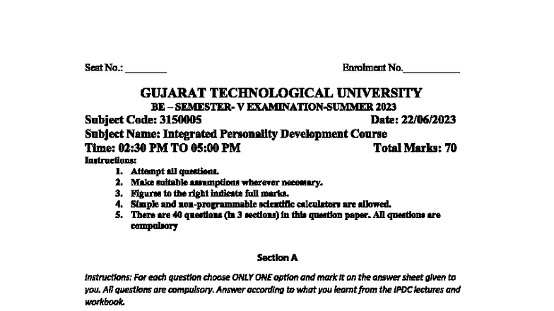 IPDC Summer 2023 Exam Paper - Integrated Personality Development Course ...